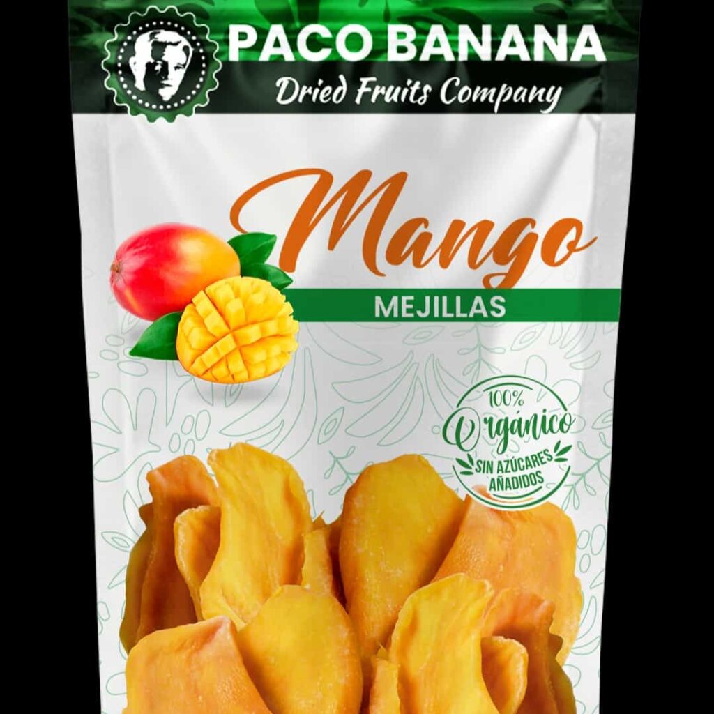 Paquete personal de Paco Banana, con frutas de mango deshidratado en su interior. (Paco Banana)